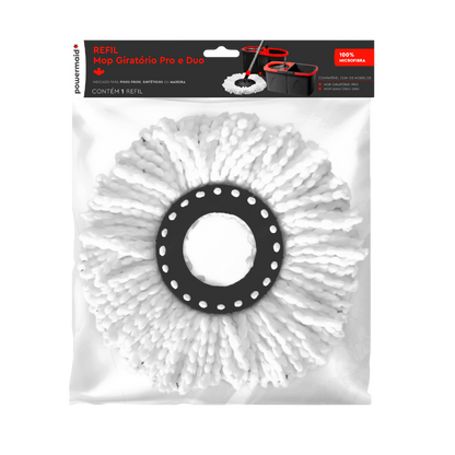 Refil de microfibra branca embalado em saco plástico transparente com topo preto e vermelho da marca Powermaid, indicando compatibilidade com os modelos "Mop Giratório Pro e Duo".