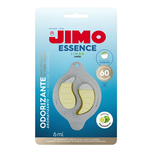Embalagem do Odorizante Jimo Essence Limão 6 ml para máquina de lavar louças, com fragrância de limão e até 60 lavagens.