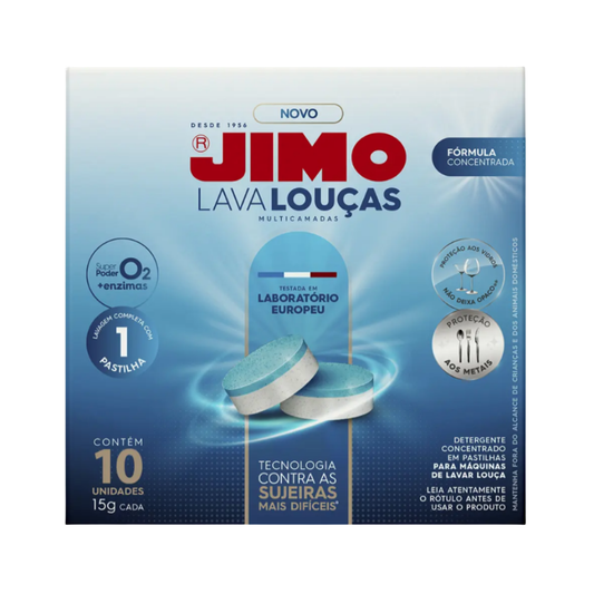 Embalagem do detergente Jimo Lava Louças Multicamadas, com 25 pastilhas de 15g, fórmula concentrada com O₂ e enzimas.