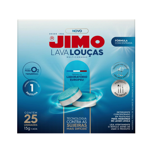 Embalagem do detergente Jimo Lava Louças Multicamadas, com 25 pastilhas de 15g, fórmula concentrada para remover sujeiras difíceis.