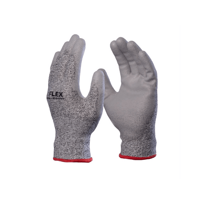 Par de luvas de proteção em malha cinza mesclada, com palma e dedos revestidos em borracha cinza lisa e punho elástico com acabamento em vermelho.