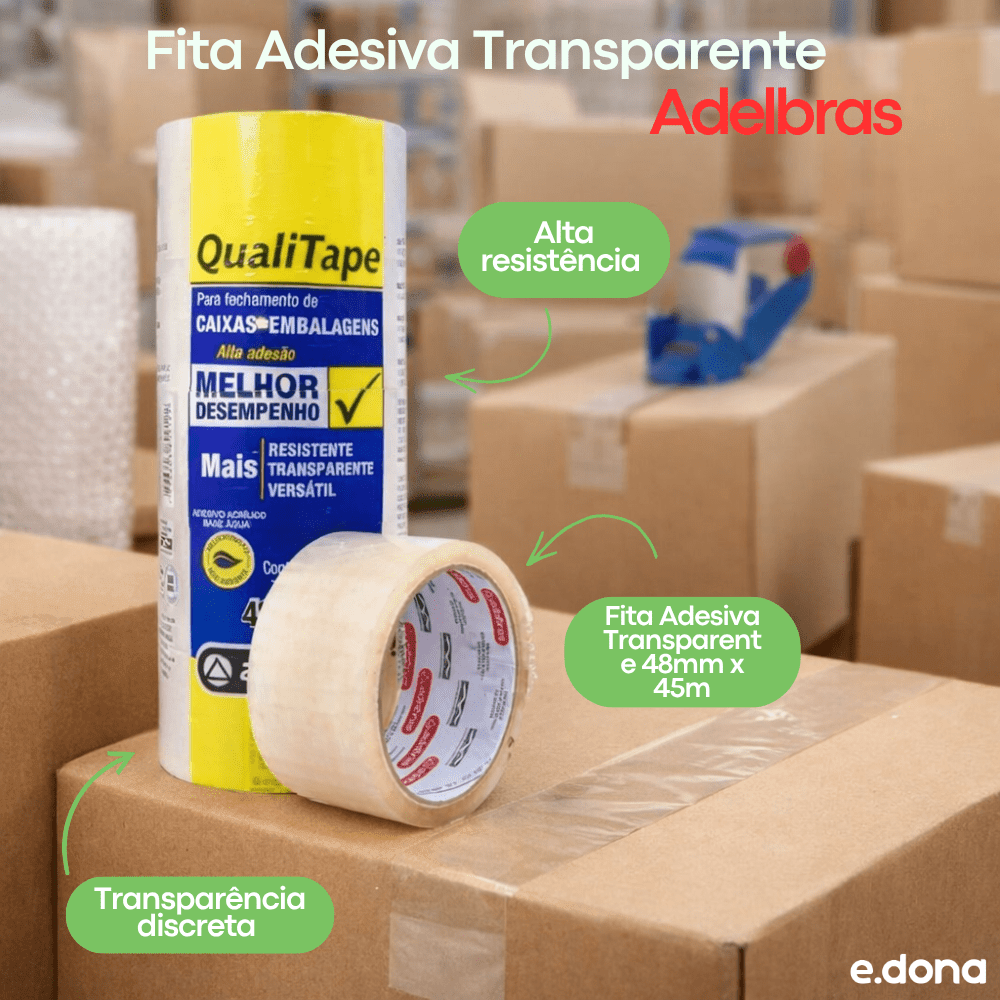 Fita Adesiva Adelbras Transparente 48mm x 45m – Kit com 4 Rolos - e - dona