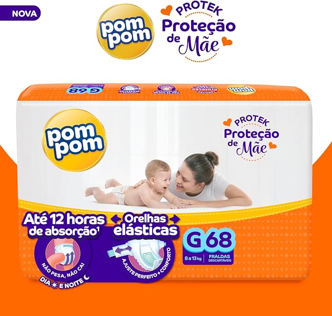 Fralda Pom Pom Protek G com 68 unidades - 8 a 13 kg - e - dona