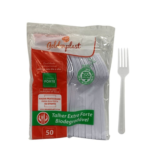 Garfo para Refeição 17,5cm Branco Reforçado Biodegradável Goldenplast com 50 unidades - e - dona