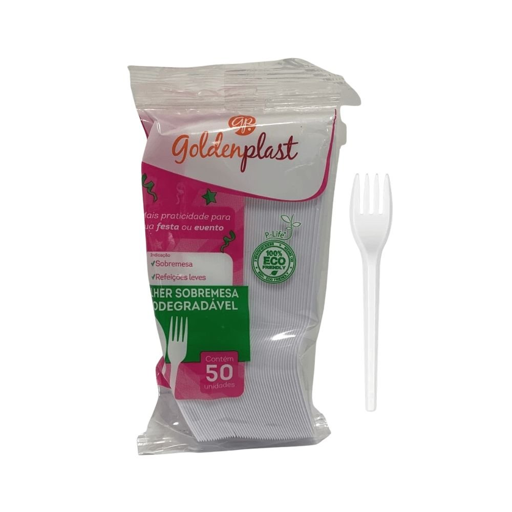 Garfo para Sobremesa 12,5cm Branco Biodegradável Goldenplast com 50 unidades - e - dona