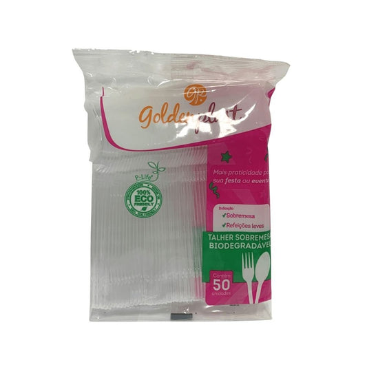 Garfo para Sobremesa 12,6cm Cristal Biodegradável Goldenplast com 50 unidades - e - dona