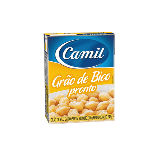 Caixa de Grão de Bico Pronto da marca Camil. A embalagem é nas cores azul e amarelo e mostra uma porção generosa de grão de bico cozido. A caixa indica que é 'Grão de Bico em Conserva', com peso líquido de 380g e peso drenado de 247g.