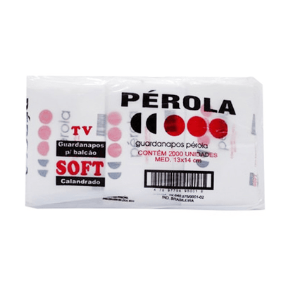 Pacote plástico transparente de guardanapos de balcão da marca "Pérola". A embalagem apresenta o nome em letras pretas com três círculos vermelhos ao lado, indicando ser do tipo "TV Soft Calandrado". O rótulo informa que o produto contém 2000 unidades no tamanho 13 cm x 14 cm.