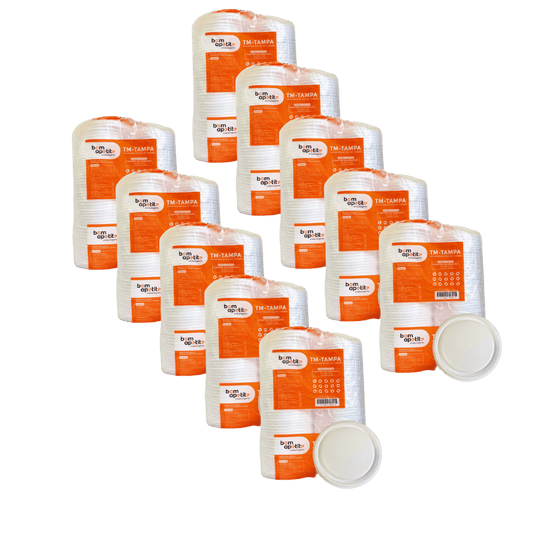 Kit 10 Pacotes Tampa Marmitex Isopor Bom Apetite c/ 50 Unidades Cada - e - dona