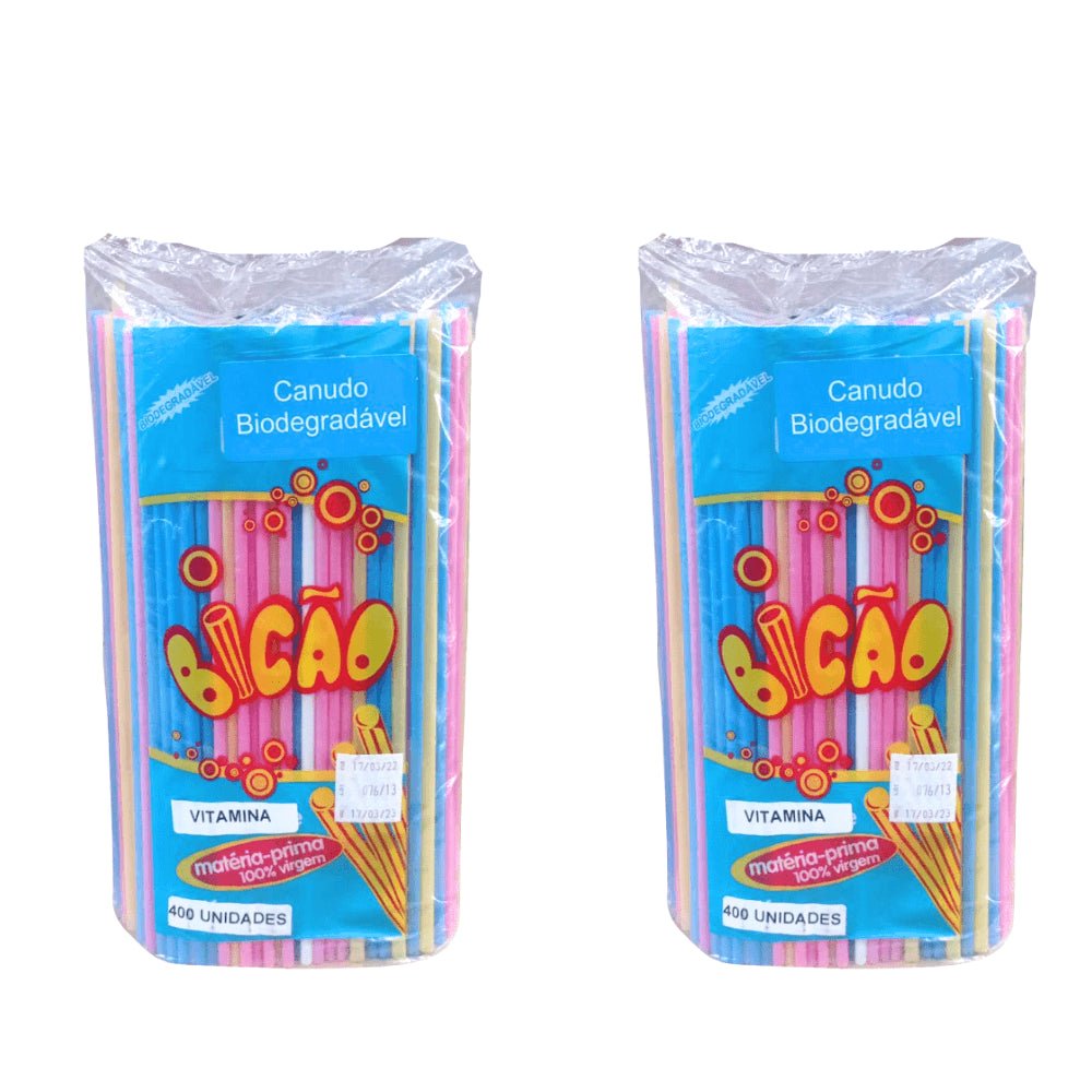 Kit 2 Pacotes de Canudos Biodegradável para Vitamina Coloridos Bicão com 400 unidades - e - dona
