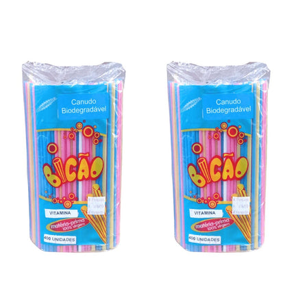 Kit 2 Pacotes de Canudos Biodegradável para Vitamina Coloridos Bicão com 400 unidades - e - dona