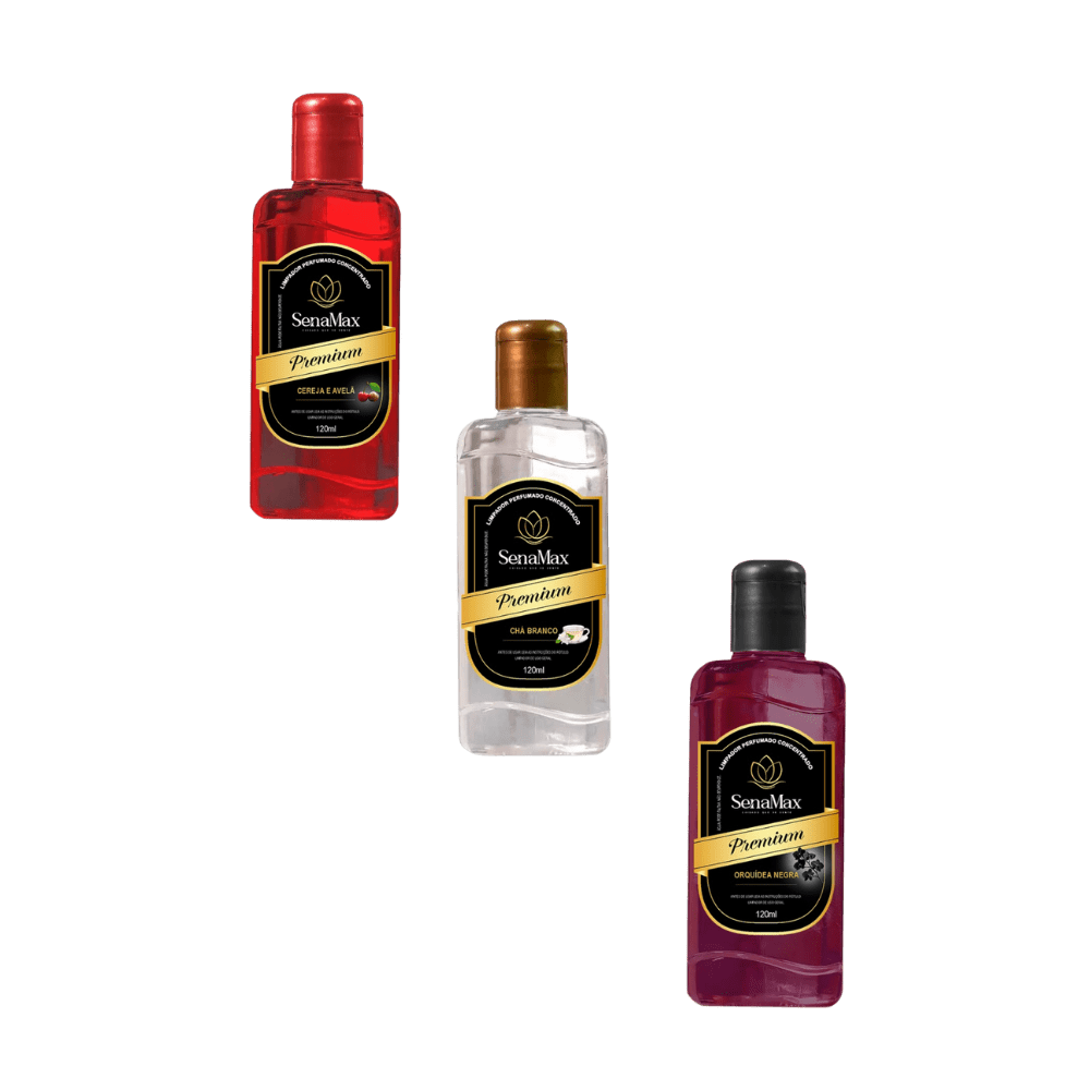 Kit 3 Limpadores 120ml Cada – Chá Branco + Orquídea Negra + Cereja e Avelã Senamax - e - dona