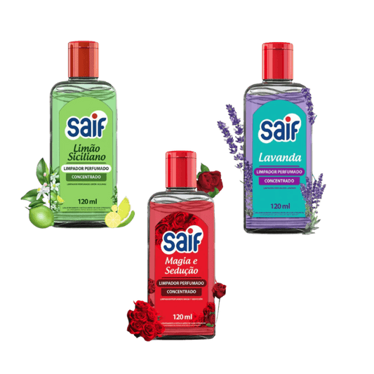 Kit 3 Limpadores Perfumados Concentrados 120ml Cada Saif – Lavanda + Limão Siciliano + Magia e Sedução - e - dona
