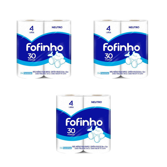 Kit 3 Pacotes de Papel Higiênico Folha Simples Fofinho pacote com 4 rolos de 30 metros - e - dona