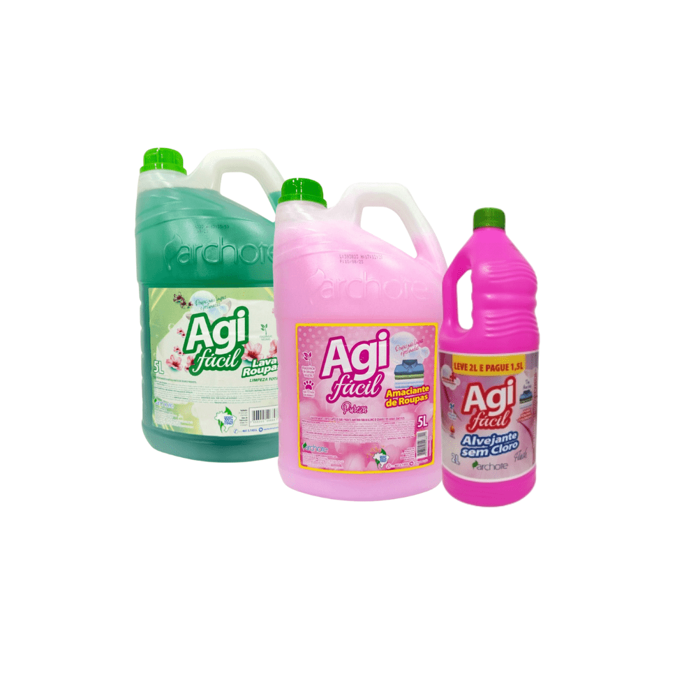 Kit Agi Facil - Lava Roupas 5 Litros+Amaciante de Roupas 5 Litros+Alvejante Sem Cloro 2 Litros - e - dona