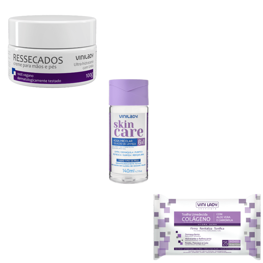 Kit Água Micelar 140ml Vinilady+Creme Para Pele Ressecada 100g Vinilady+Toalha Umedecida Colageno 25 unidades Vinilady - e - dona