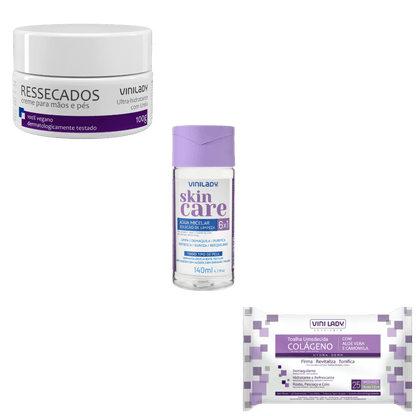 Kit Água Micelar 140ml Vinilady+Creme Para Pele Ressecada 100g Vinilady+Toalha Umedecida Colageno 25 unidades Vinilady - e - dona