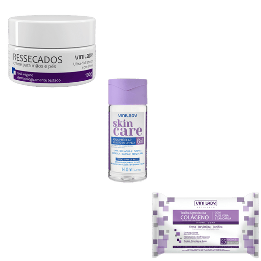 Kit Água Micelar 140ml Vinilady+Creme Para Pele Ressecada 100g Vinilady+Toalha Umedecida Colageno 25 unidades Vinilady - e - dona