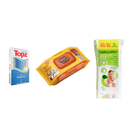 Kit Algodão Quadrado Baby Bella Cotton + Toalha Umedecida Piquitucho Premium 120 Unidades + Bastonetes Topz 150 Unidades - e - dona