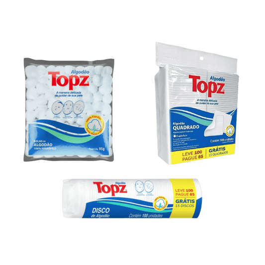 Kit Algodão Topz Bolas 95g + Quadrado 100 Unidades + Disco 100 Unidades - e - dona
