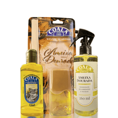 Kit Ameixa Dourada Coala Essência 120ml + Difusor 100ml + Odorizador Spray 260ml - e - dona