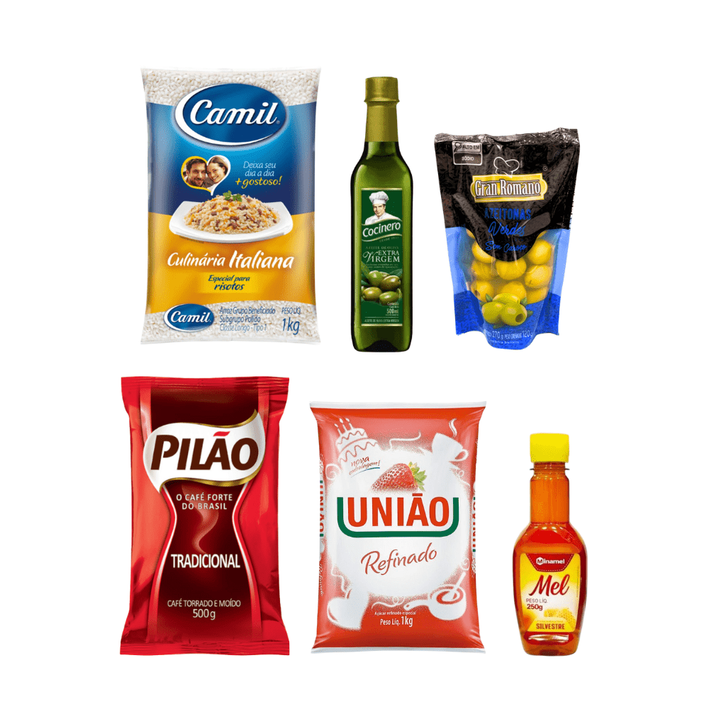 Seis produtos de mercearia: Arroz Camil para risoto, Azeite Cocinero, Azeitonas Granbianchi Amarelas, Café Pilão Tradicional, Açúcar Refinado União e Mel Minamel.