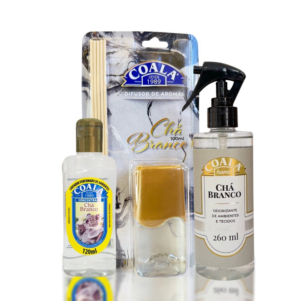Kit Chá Branco Coala Essência 120ml + Difusor 100ml + Odorizador Spray 260ml - e - dona