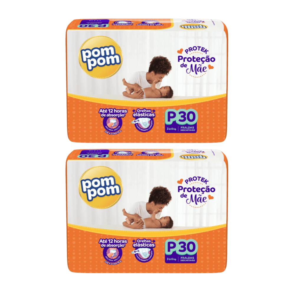 Kit com 2 Pacotes de Fralda Pom Pom Derma Protek P – 30 Unidades Cada - e - dona