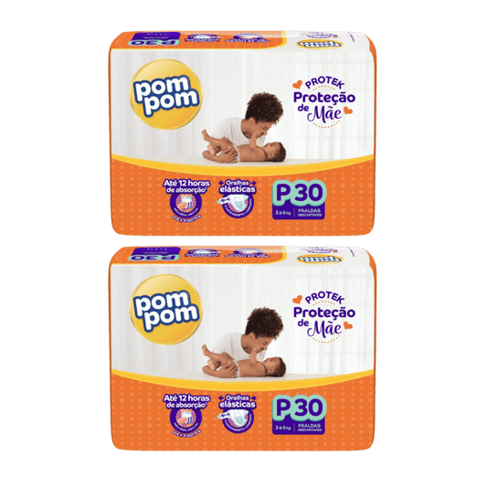 Kit com 2 Pacotes de Fralda Pom Pom Derma Protek P – 30 Unidades Cada - e - dona