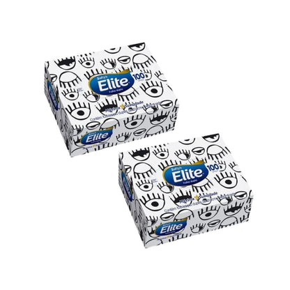 Dois pacotes de caixa de lenços de papel da marca Elite Softy's. As embalagens quadradas e compactas são brancas, com uma estampa moderna em preto e branco contendo desenhos repetidos de olhos de estilos variados. No centro de cada embalagem, há o logotipo azul e amarelo da Elite com a inscrição Softy's e o texto "100% fibra virgem" e "Folha Dupla".