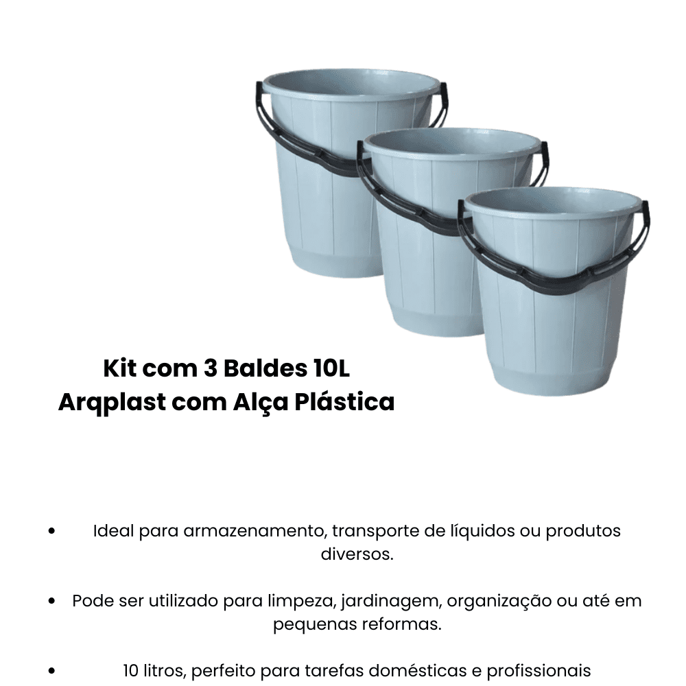 Kit com 3 Baldes 10L Arqplast com Alça Plástica - e - dona
