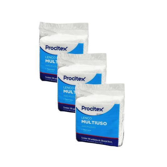 Três pacotes de lenços multiuso da marca Procitex dispostos em diagonal. Cada embalagem plástica transparente contém lenços de papel ou material similar, e possui um rótulo azul com o logotipo branco da Procitex e a descrição "LENÇO MULTIUSO", destacando suas aplicações como "PANO MULTIUSO", "SECAR LOUÇAS" e "LIMPEZA GERAL". Na parte inferior do rótulo, está escrito: "Contém 100 unidades de 28cm x 30cm".