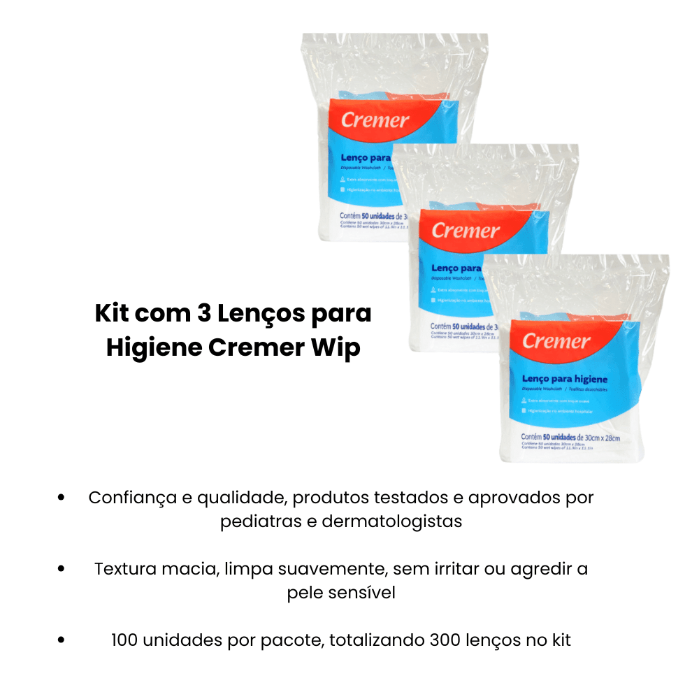 Kit com 3 Lenços para Higiene Cremer Wip - e - dona