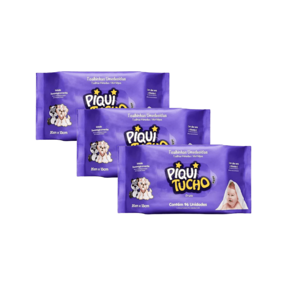 Kit de três pacotes roxos de toalhas umedecidas Piqui Tucho, com 96 unidades cada. As embalagens mostram um filhote de cachorro e um bebê enrolado em uma toalha. O produto é "Testado Dermatologicamente".