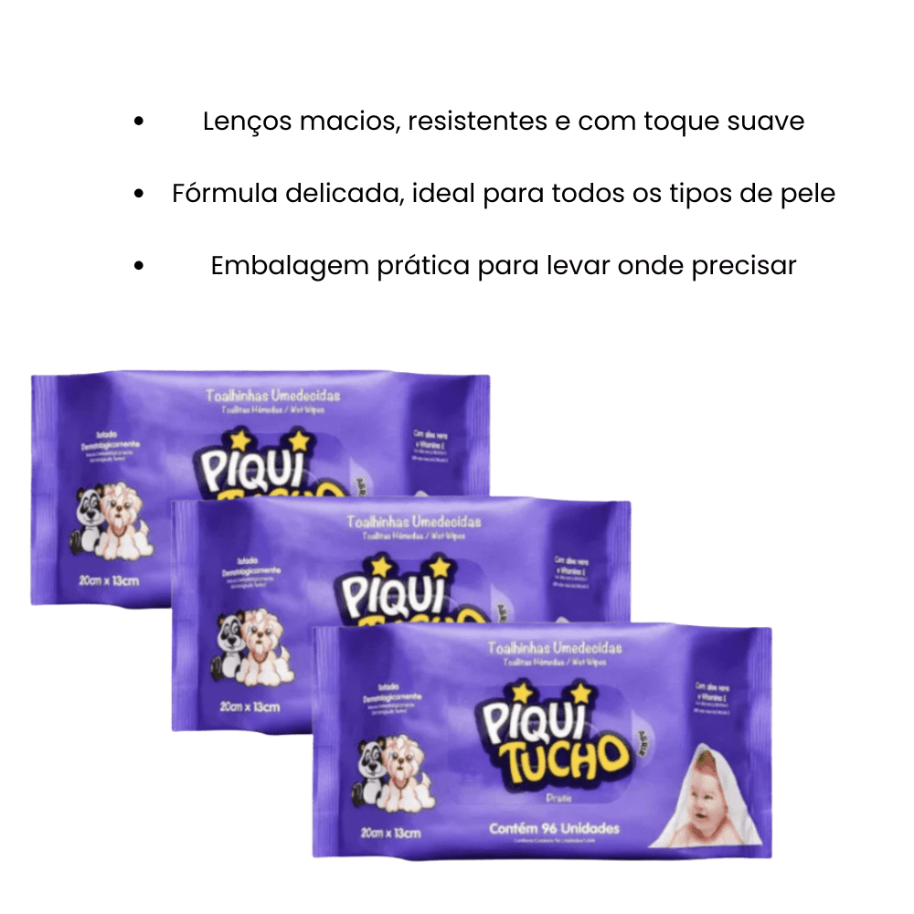 Kit com 3 Lenços Umedecidos Piquitucho Pratic - e - dona