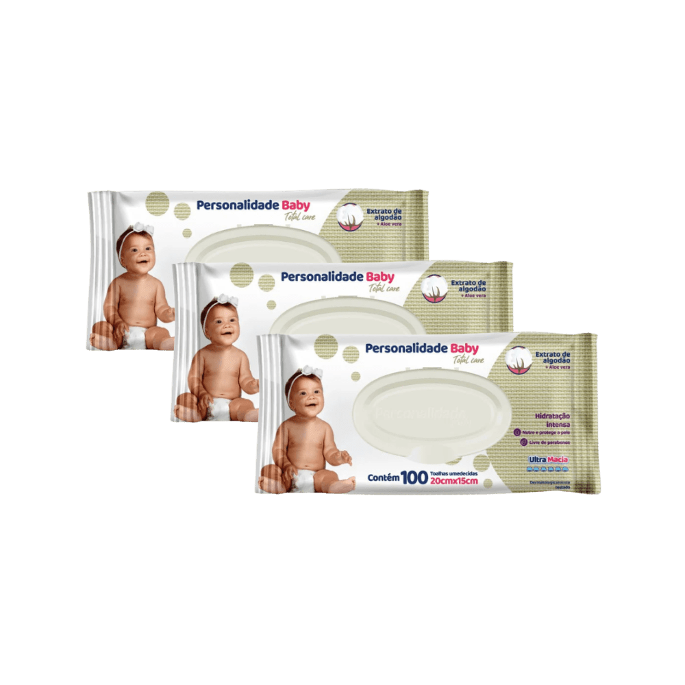 Kit com 3 Pacotes de Lenço Umedecido Personalidade – 100 Unidades Cada - e - dona