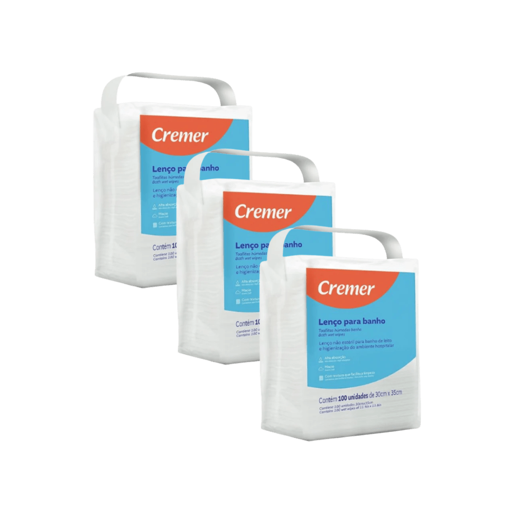 Kit com 3 Pacotes de Lenços para Banho Cremer 30x35cm 100 Unidades cada - e - dona