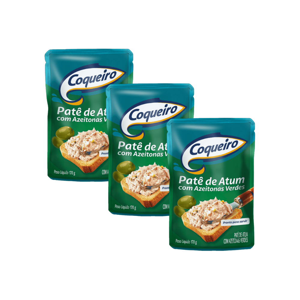 Kit com três sachês (embalagens flexíveis) de Patê de Atum com Azeitonas Verdes da marca Coqueiro, de 170g cada. As embalagens são predominantemente verde-escuras e azuis e exibem a imagem de um patê espalhado sobre uma fatia de pão torrado, com algumas azeitonas verdes inteiras ao lado.