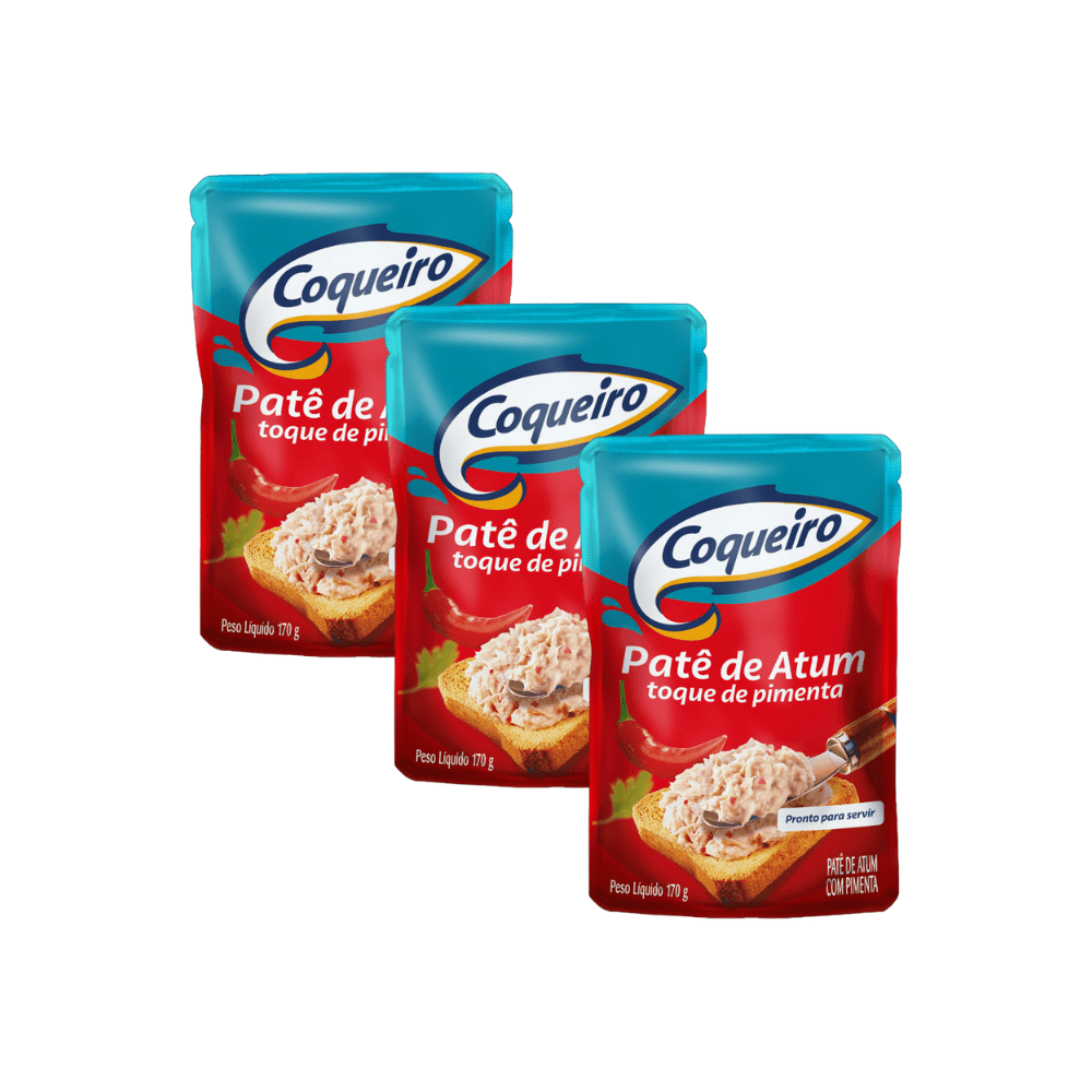Kit com três sachês (embalagens flexíveis) de Patê de Atum com Toque de Pimenta da marca Coqueiro, de 170g cada. As embalagens são predominantemente azul-turquesa e vermelhas, destacando o desenho de uma pimenta vermelha, e exibem a imagem do patê espalhado sobre uma fatia de pão torrado.