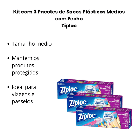 Kit com 3 Pacotes de Sacos Plásticos Médios com Fecho - e - dona