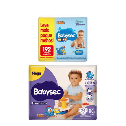 Kit com Fralda Babysec Premium Mega XG com 24 Unidades - e - dona