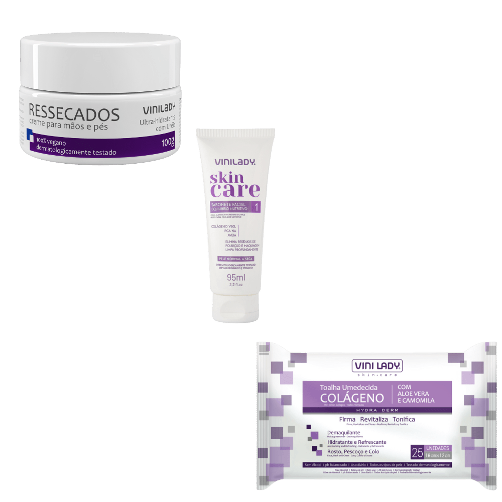 Kit Creme Para Pele Ressecada 100g Vinilady+Sabonete Facial 95ml Equilibrio Nutritivo Vinilady+Toalha Umedecida Colageno Vinilady - e - dona