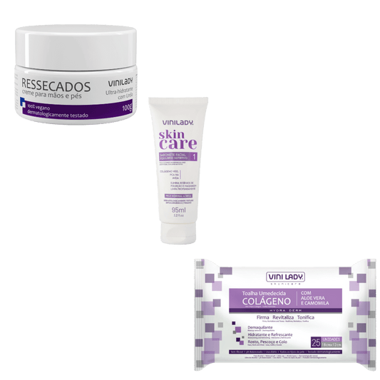 Kit Creme Para Pele Ressecada 100g Vinilady+Sabonete Facial 95ml Equilibrio Nutritivo Vinilady+Toalha Umedecida Colageno Vinilady - e - dona