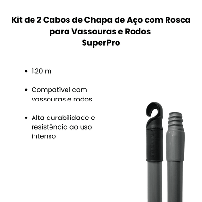 Kit de 2 Cabos de Chapa de Aço com Rosca 1,20 m para Vassouras e Rodos SuperPro - e - dona
