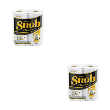 Imagem com duas embalagens de toalhas de papel "Snob Clássica" dispostas na diagonal, destacando o rótulo preto e dourado e a indicação de 120 toalhas por pacote.