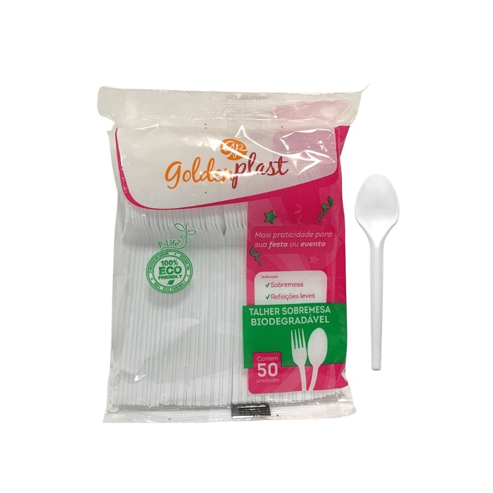 Kit de Colher para Sobremesa 12,2cm Branca Biodegradável Goldenplast 4 Pacotes com 50 unidades - e - dona