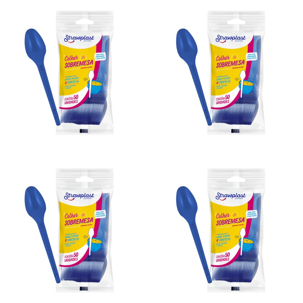Kit de Colher para Sobremesa 12,35cm Azul Royal Strawplast 4 Pacotes com 50 unidades - e - dona