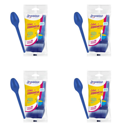 Kit de Colher para Sobremesa 12,35cm Azul Royal Strawplast 4 Pacotes com 50 unidades - e - dona