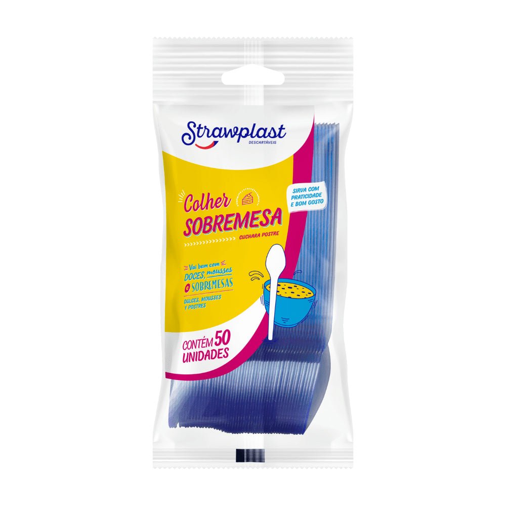 Kit de Colher para Sobremesa 12,35cm Azul Royal Strawplast 4 Pacotes com 50 unidades - e - dona