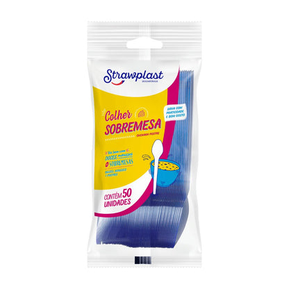 Kit de Colher para Sobremesa 12,35cm Azul Royal Strawplast 4 Pacotes com 50 unidades - e - dona